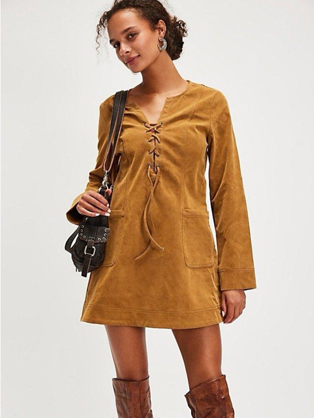 Free People Suede Lace-Up Mini Dress Tan Long Sleeve Boho Shift
